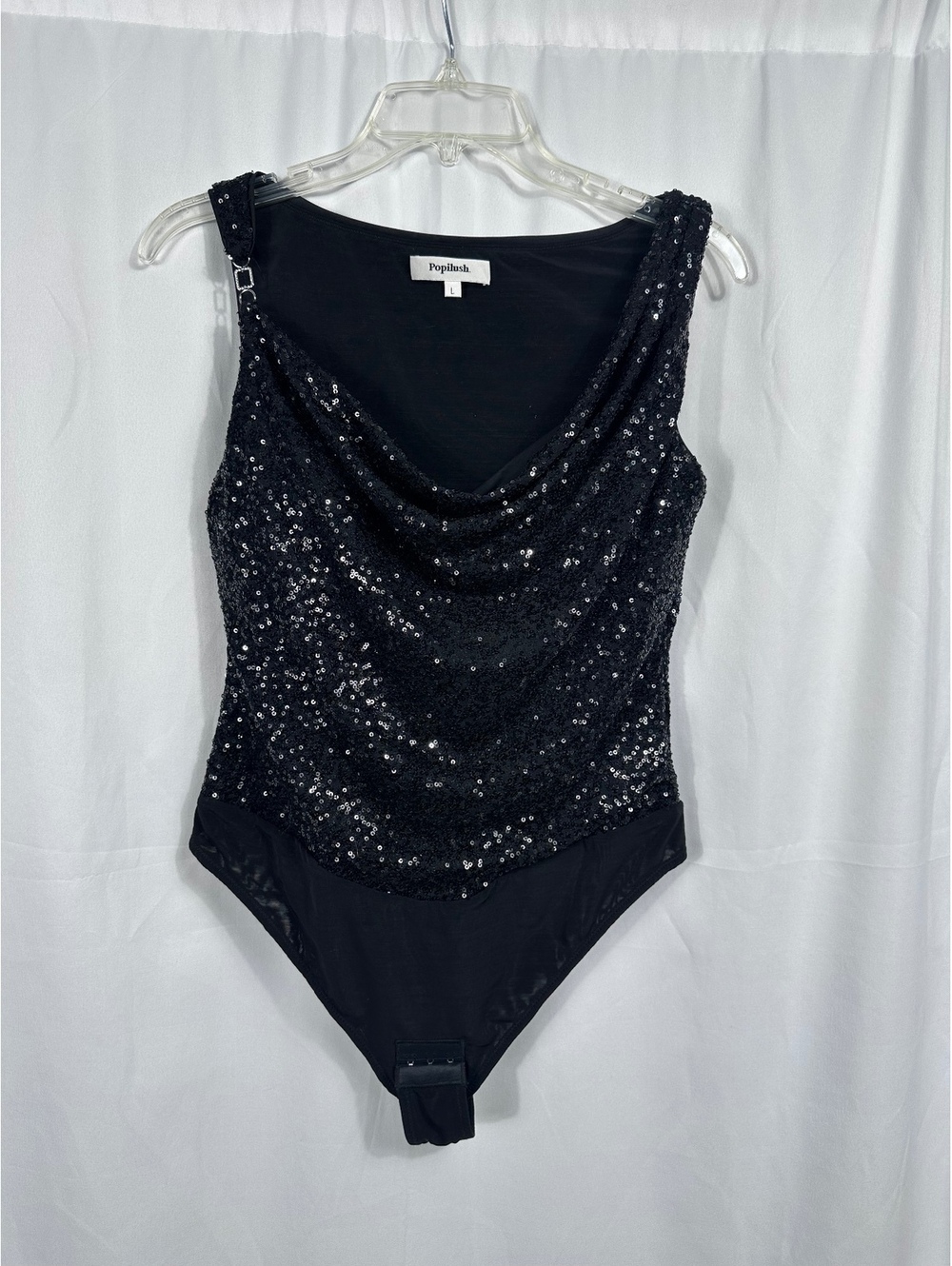 Popilush Black Sequin Bodysuit with Adjustable Straps Size Large